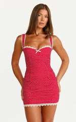 Camille Mini Dress - Bustier Ruched Lace Trim Bodycon Dress in Red